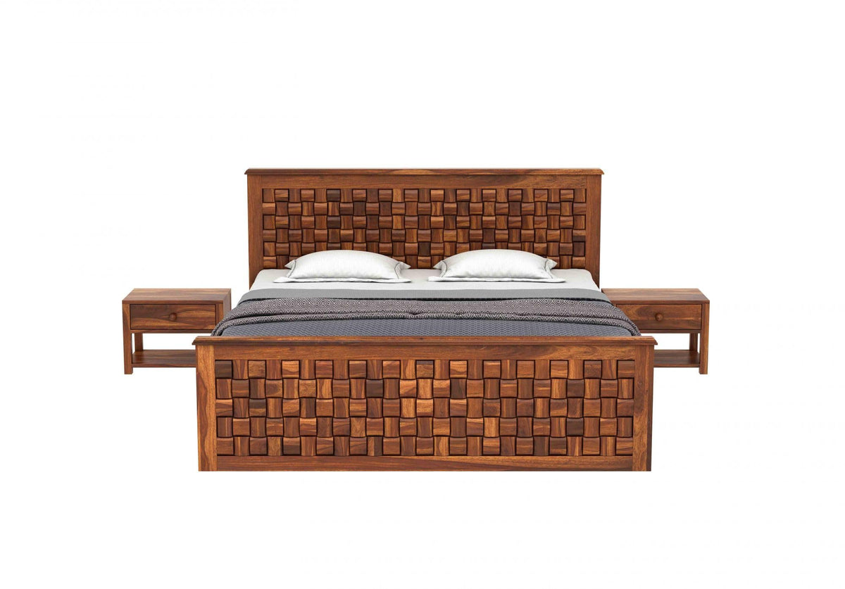 Niwar Solid Sheesham Wood Queen Size Bed without Storage in natural finish - close-up of the natural finish and wood grain
