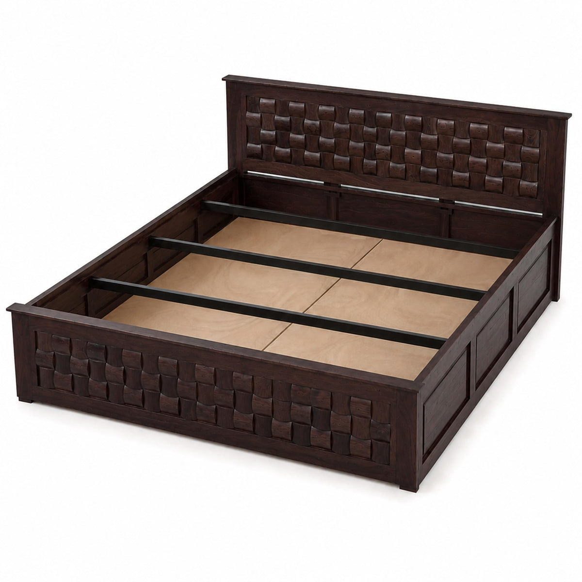 Niwar Solid Sheesham Wood King Size Bed with Box Storage in natural finish - styled in a bedroom