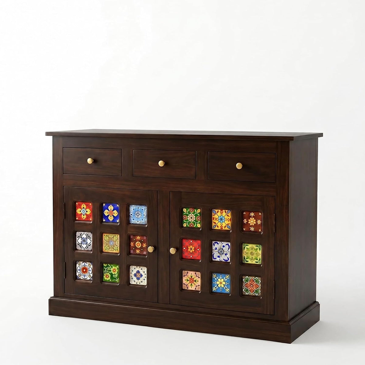 Mini Tile Wooden Sideboard Tv Cabinet for Living Room - Walnut Finish