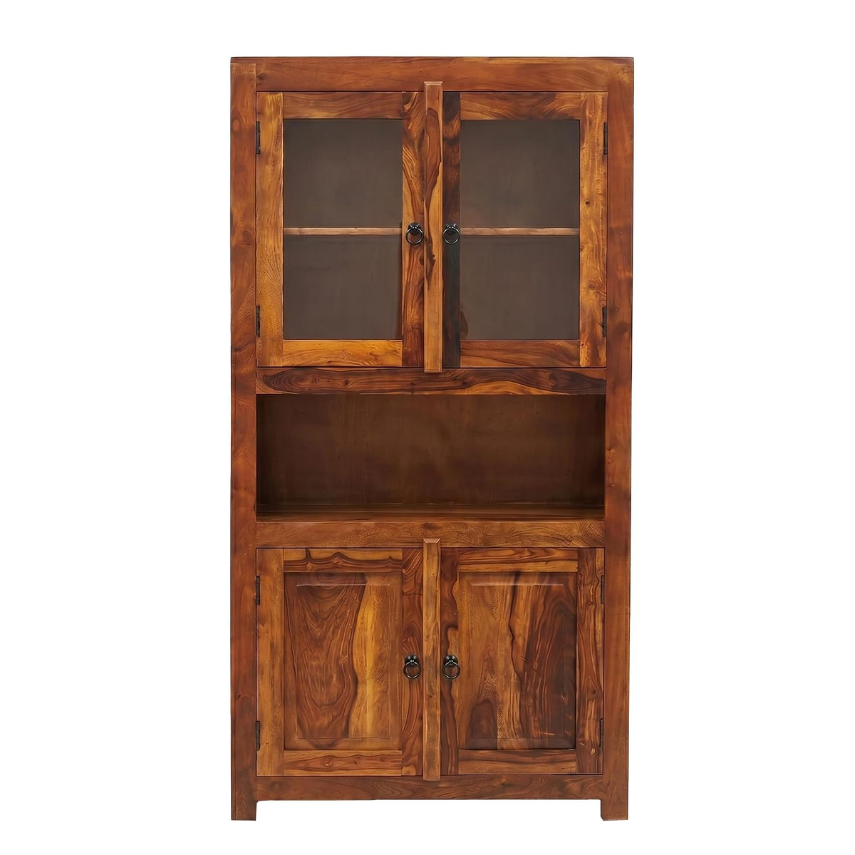 4 Door Sheesham Wood Crockery Cabinet & Book shelf with Glass Door in natural finish - full product view