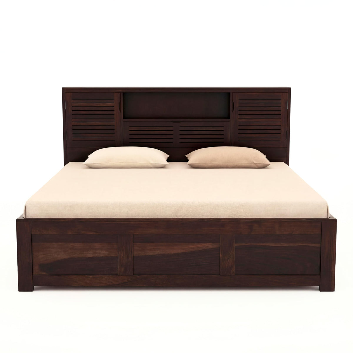 Urban Solid Sheesham Wood Queen Size Bed with Box Storage & 2 Bedside Tables in walnut finish - alternate view
