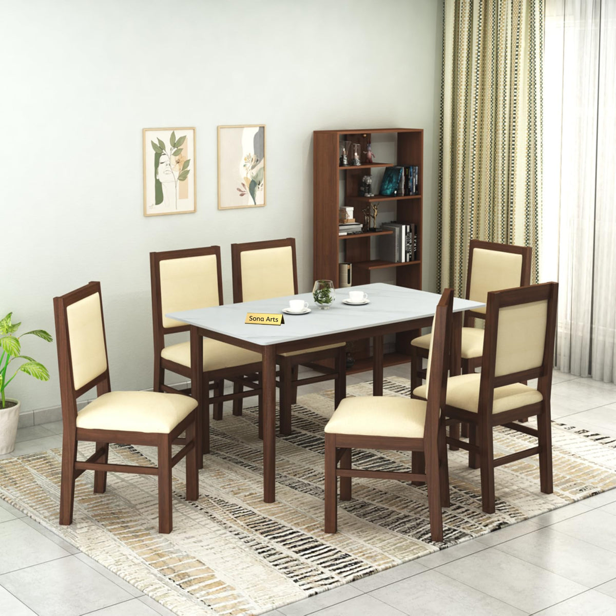 Marble Solid White Solid Sheesham Wood 6 Seater Dining Table Set