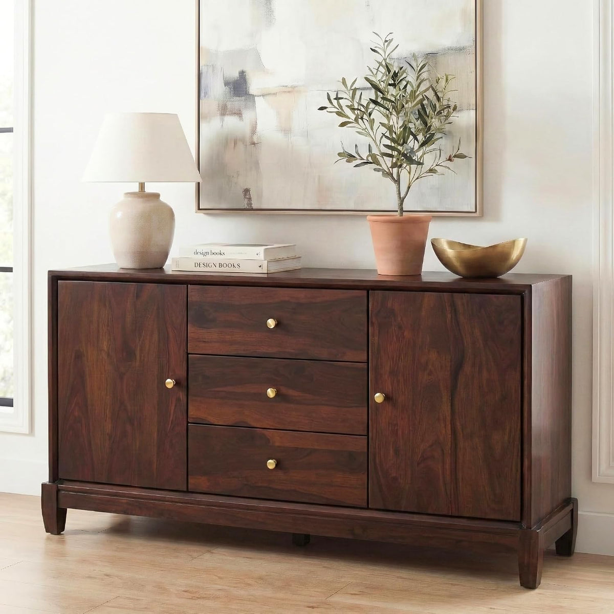 Oaklyn Sheesham Wood Stand Sideboard TV Cabinet for Living Room - Walnut Finish