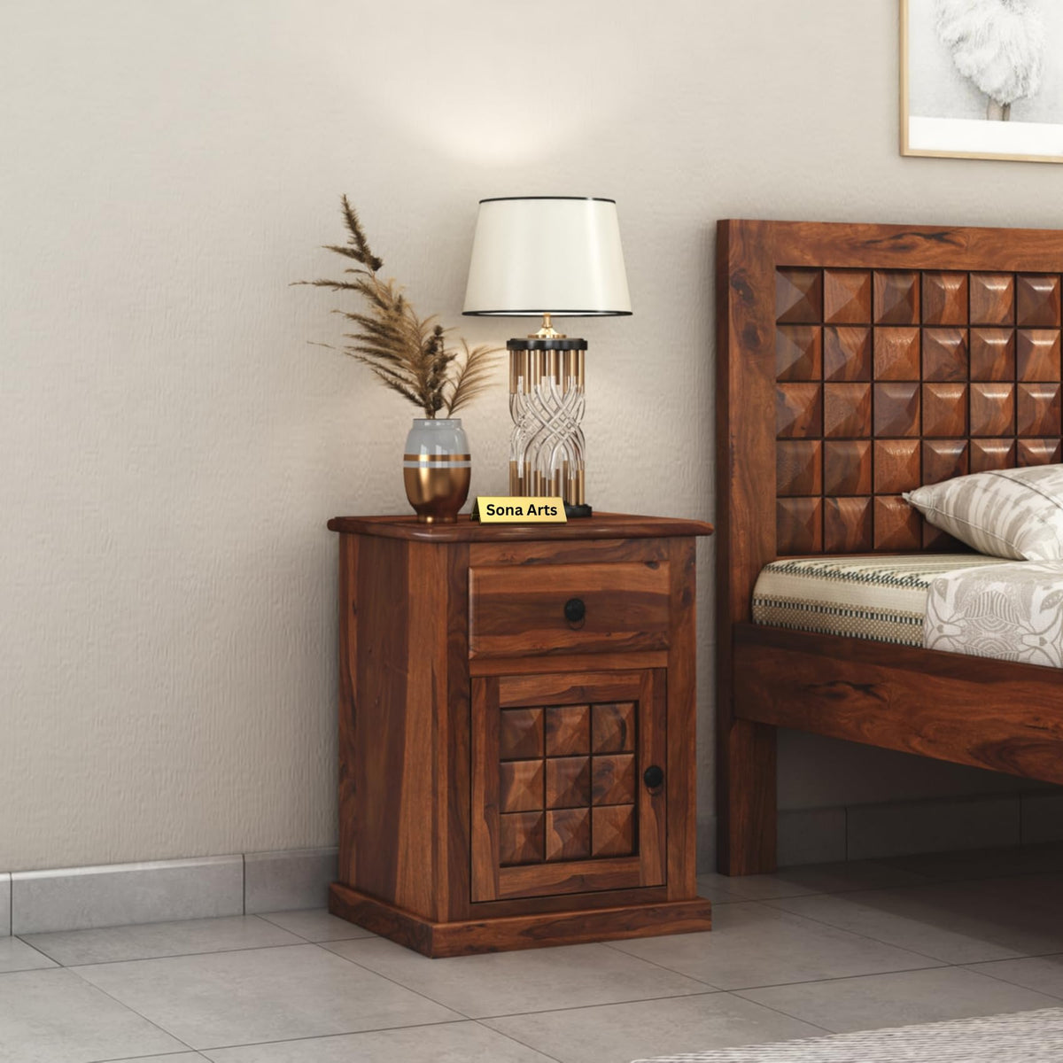 Diamond Solid Sheesham Wood King Size Bed without Storage & 2 Bedside Tables in natural finish - styled in a bedroom