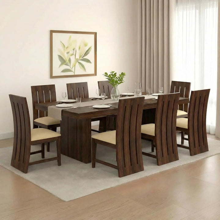 Poster D1 Cushion Solid Sheesham Wood 8 Seater Dining Table Set - Walnut Finish