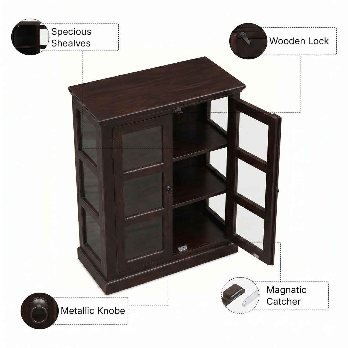 Mini 20 Glass Solid Sheesham Wood Book Shelf for Home Library in walnut finish - alternate view