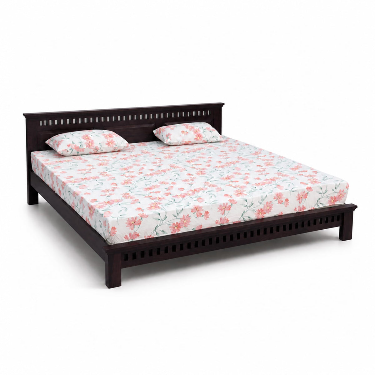 Kuber Platform bed Solid Sheesham Wood Queen Size Bed without Storage in walnut finish - corner angle view