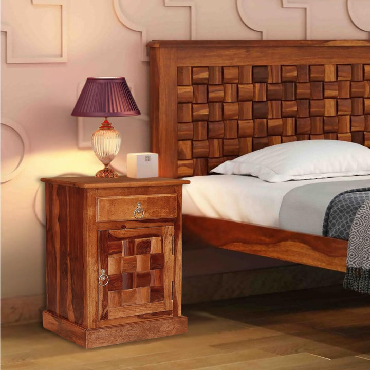 Niwar Solid Sheesham Wood Bedside Table in natural finish