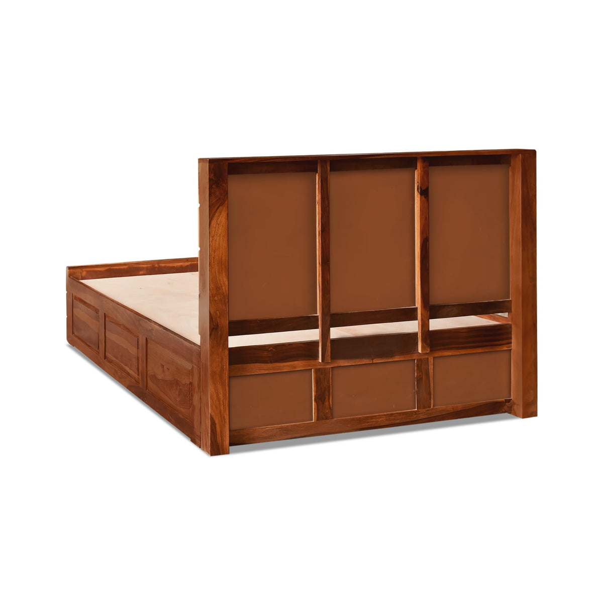 M Solid Sheesham Wood Queen Size Bed with Box Storage in natural finish - styled in a bedroom