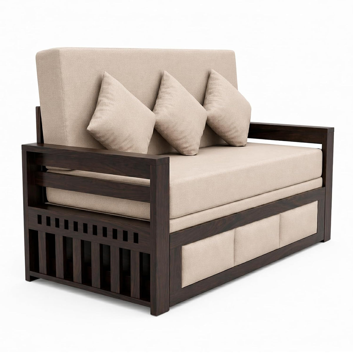Zeus Solid Sheesham Wood Sofa Cum Bed in natural finish - styled in a living room