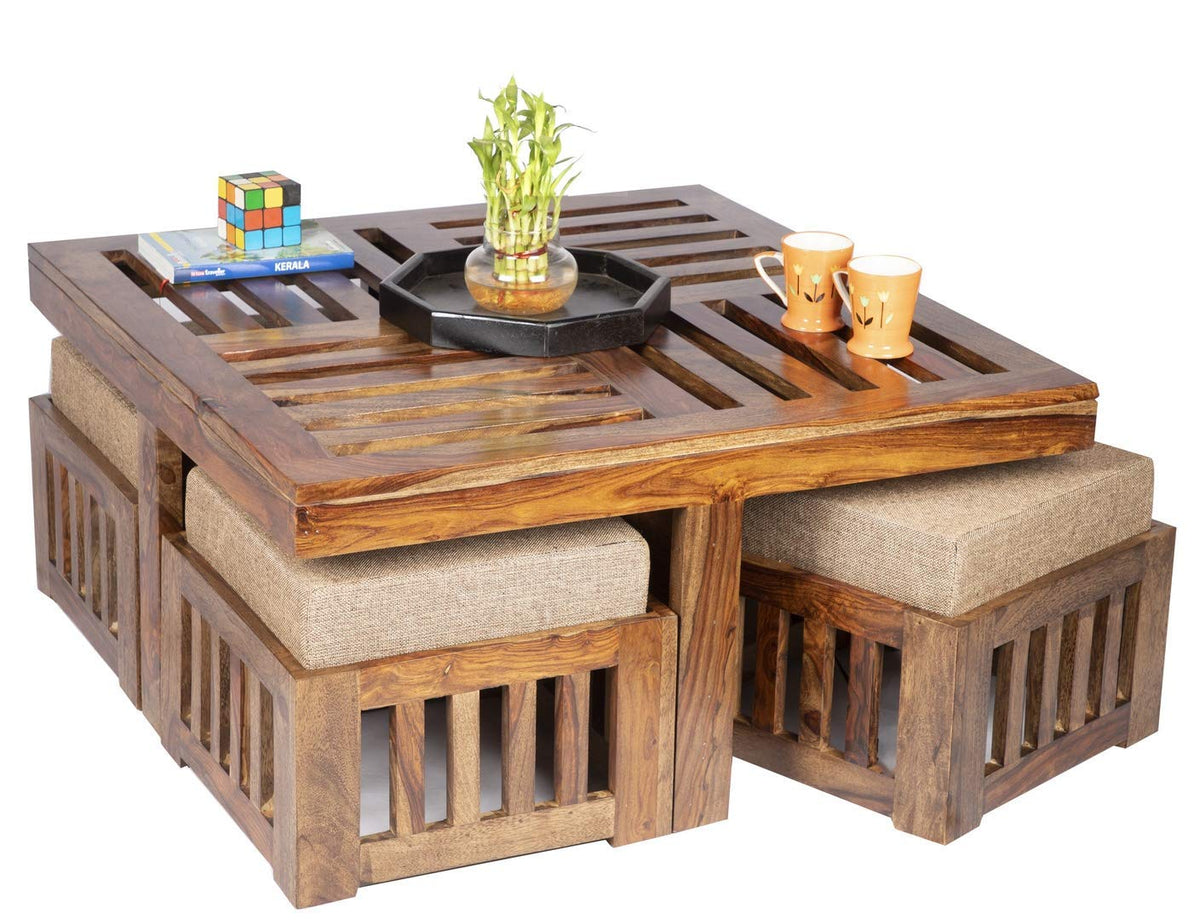Japani Jali Stool Jali Cushion Natural Solid Sheesham Wood Coffee Table