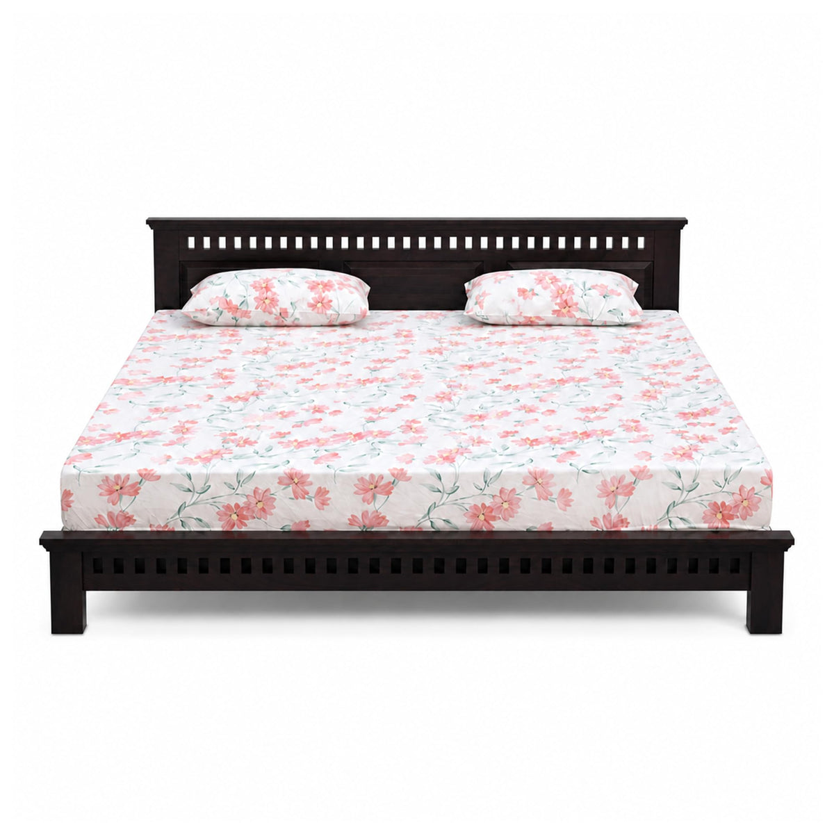 Kuber Platform bed Sheesham Queen Size Bed without Storage in walnut finish - close-up of the walnut finish and wood grain