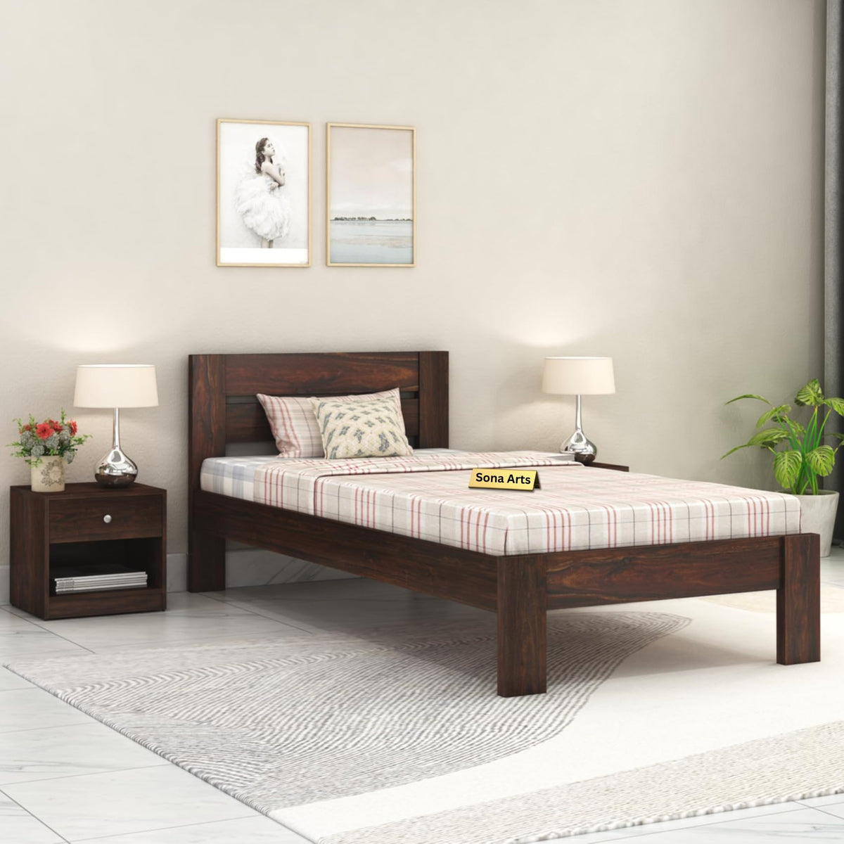 Eros Solid Sheesham Wood Single Size Bed without Storage in walnut finish