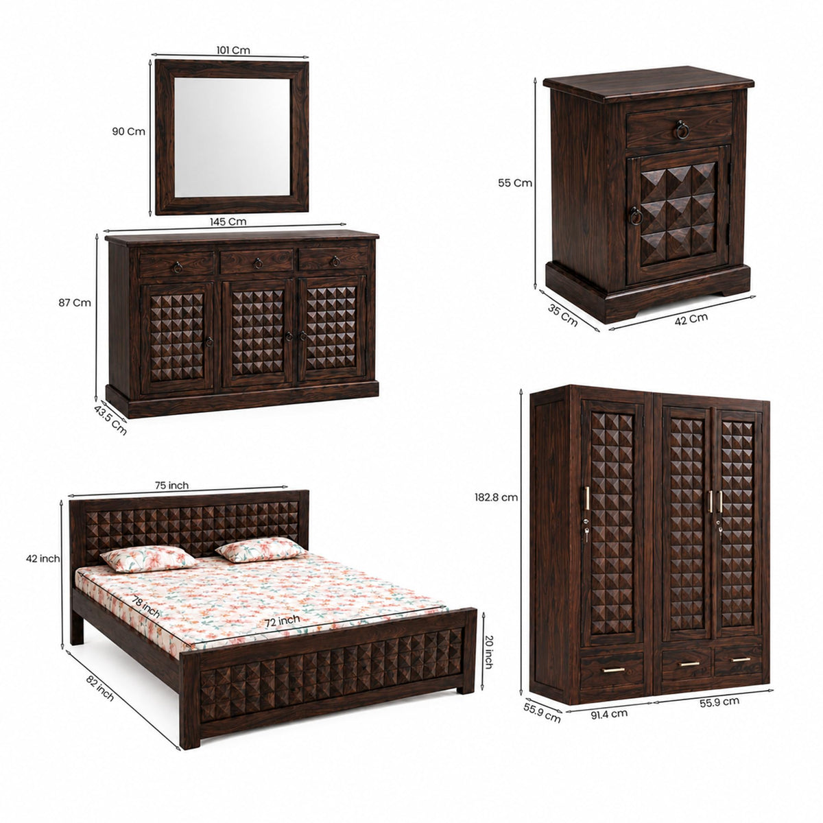 Diamond BWS-W-C-BT-W-K Solid Sheesham Wood Bedroom Furniture Set - side angle view