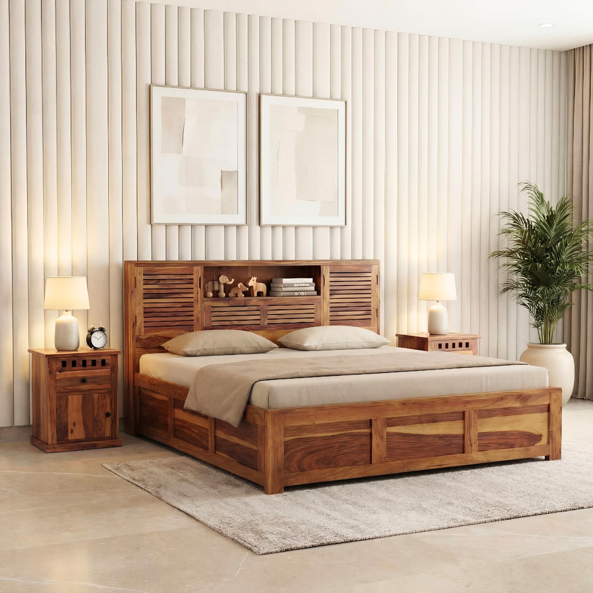 Urban Solid Sheesham Wood Queen Size Bed with Box Storage in natural finish