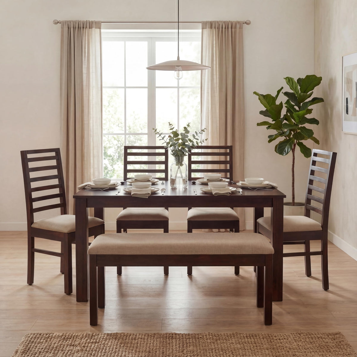7 Fanti walnut with Solid Sheesham Wood 6 Seater Dining Table Set with Bench - side angle view