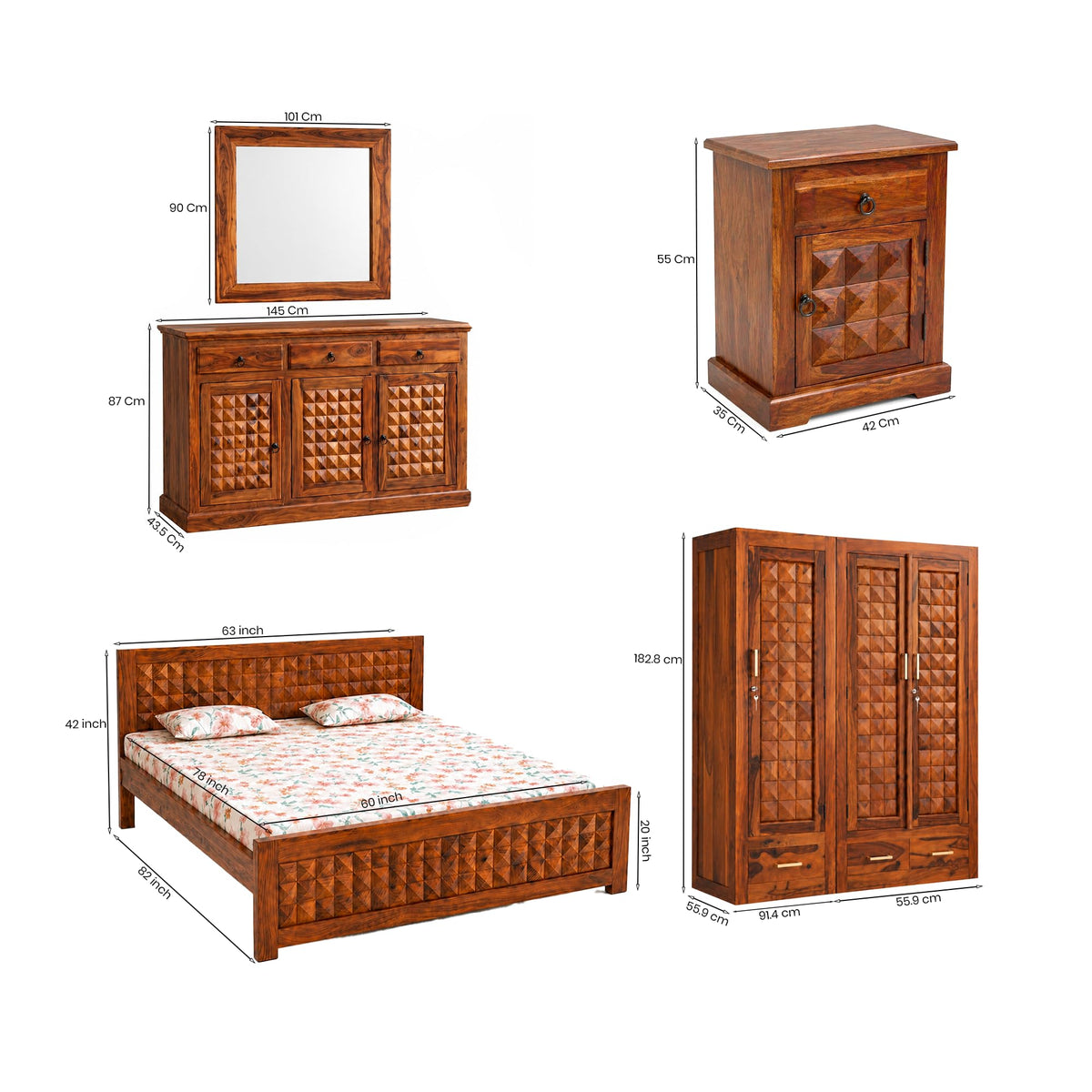 Diamond BWS-W-C-BT-N-Q Solid Sheesham Wood Bedroom Furniture Set - side angle view