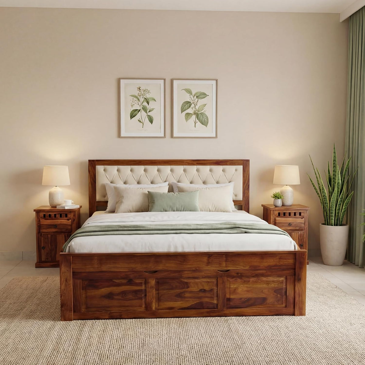 Zeus Solid Sheesham Wood King Size Bed with Drawer Storage in natural finish - headboard detail