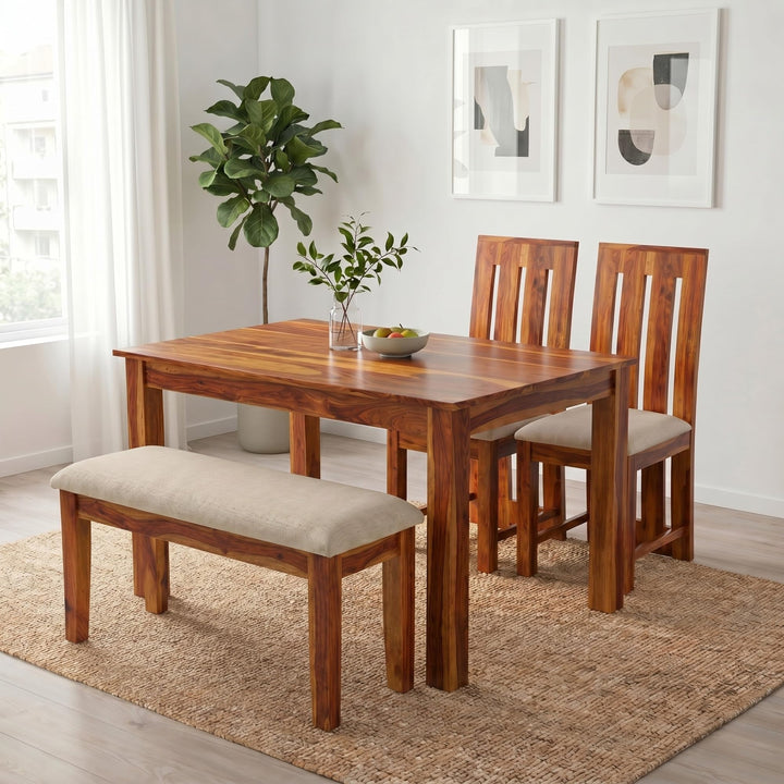Poster Solid Sheesham Wood 4 Seater Dining Table Set with Bench in natural finish