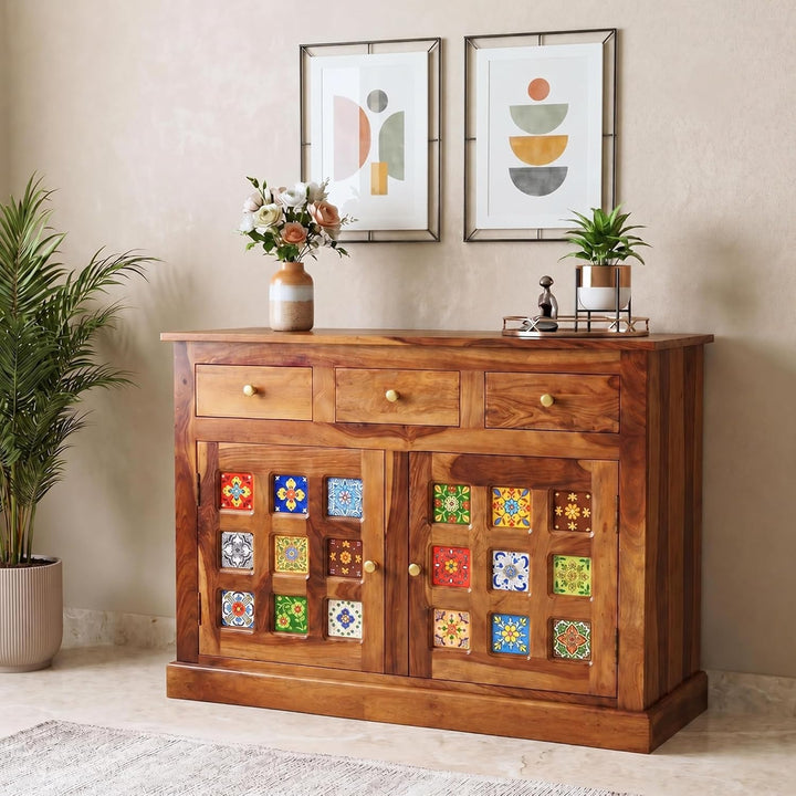 Mini Tile Wooden Sideboard Tv Cabinet for Living Room - Natural Finish