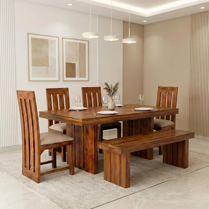 Wooden Dining Table Set 6 Seater 1 Bench with Cushion Chair in honey finish