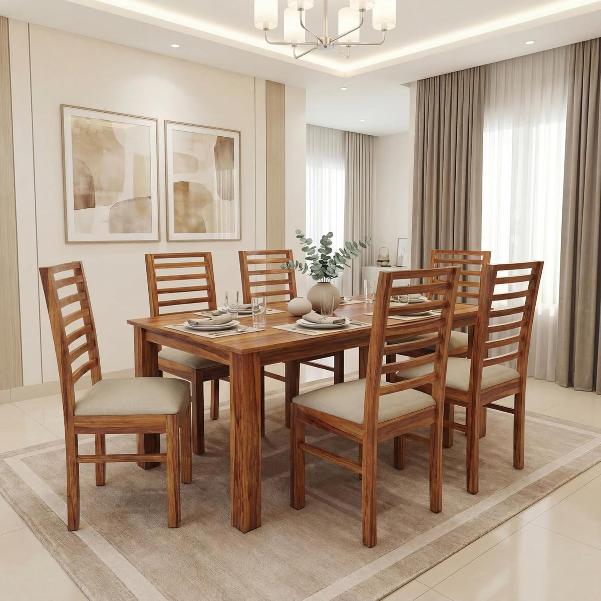 Luxe Solid Sheesham Wood 6 Seater Dining Table Set - Natural Finish
