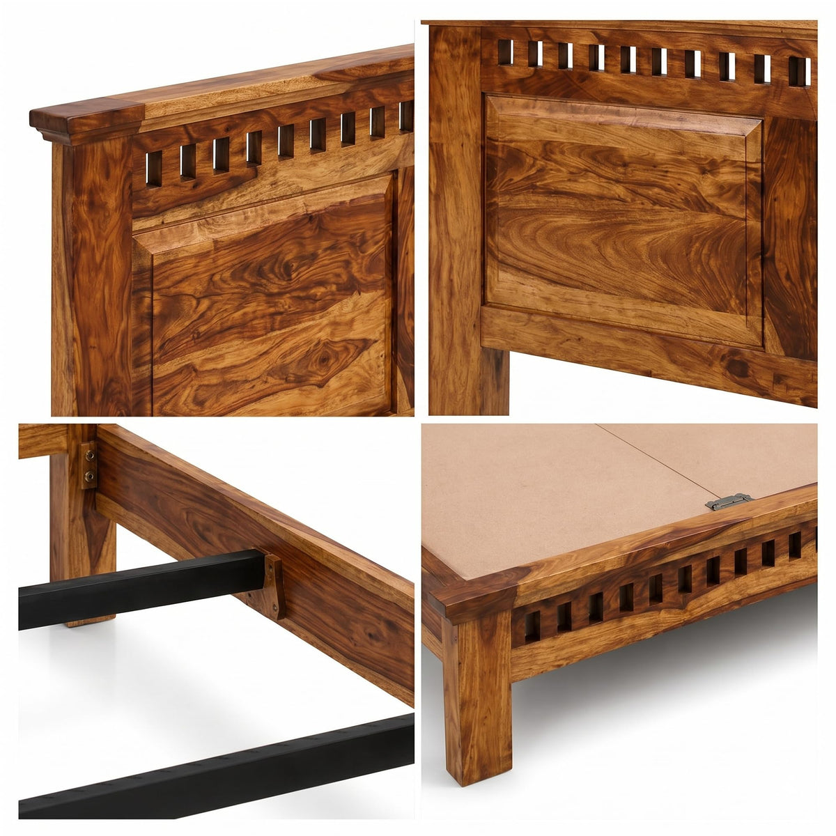 Kuber Platform bed Solid Sheesham Wood King Size Bed without Storage in natural finish - storage space close-up