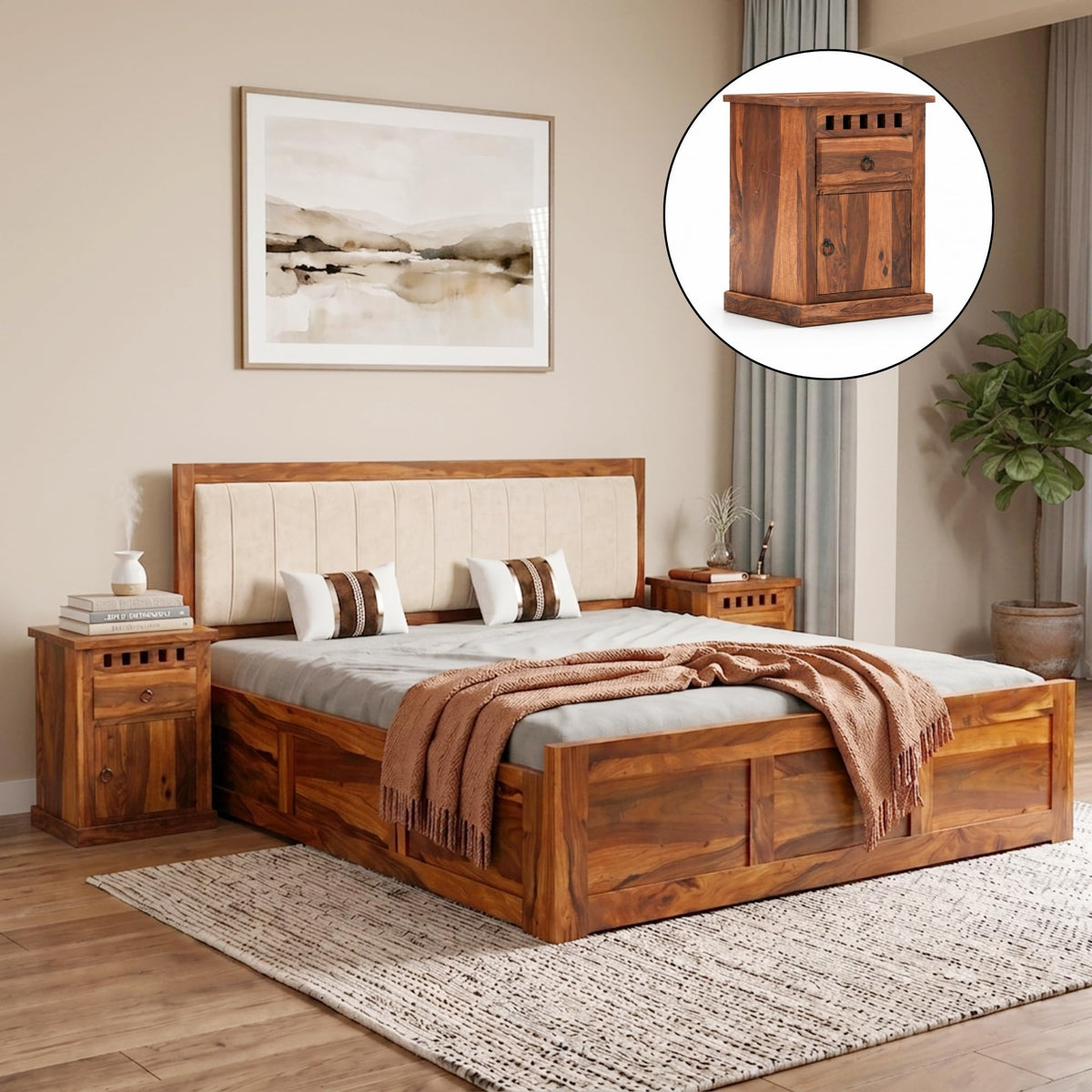 Veronica Solid Sheesham Wood King Size Bed with Box Storage & 2 Bedside Tables in natural finish