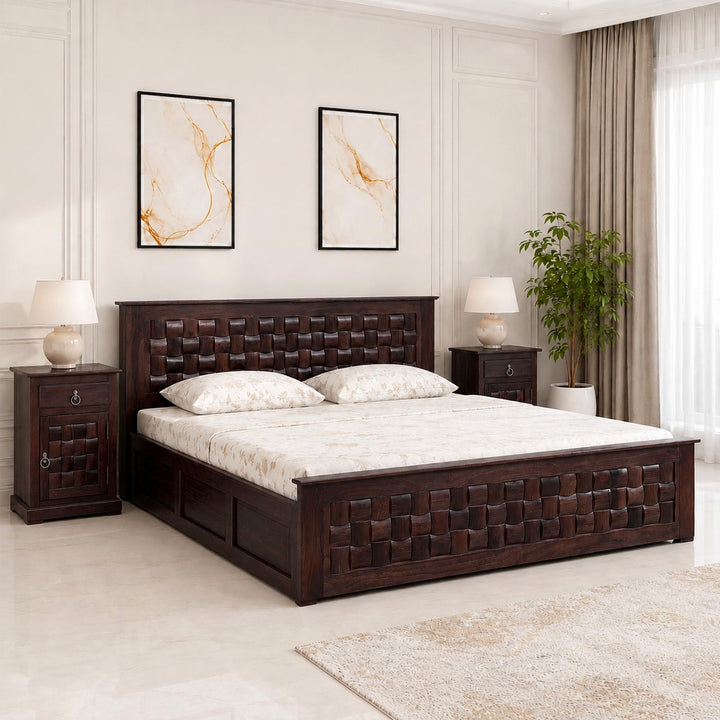 Niwar Solid Sheesham Wood Queen Size Bed with Box Storage in natural finish