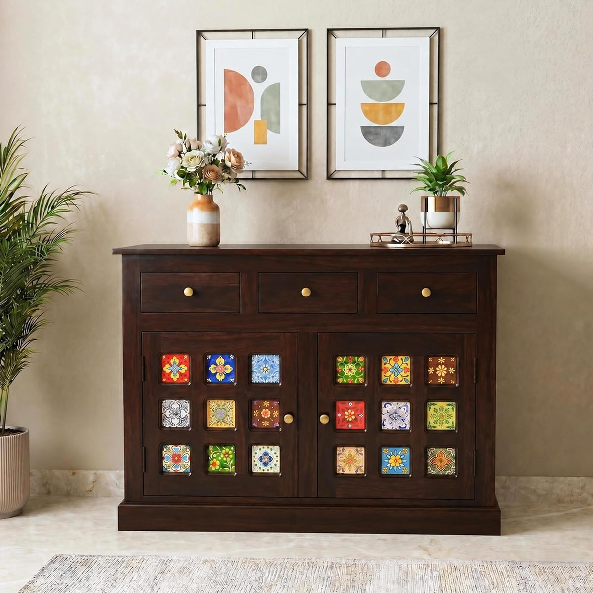 Mini Tile Wooden Sideboard Tv Cabinet for Living Room - Walnut Finish