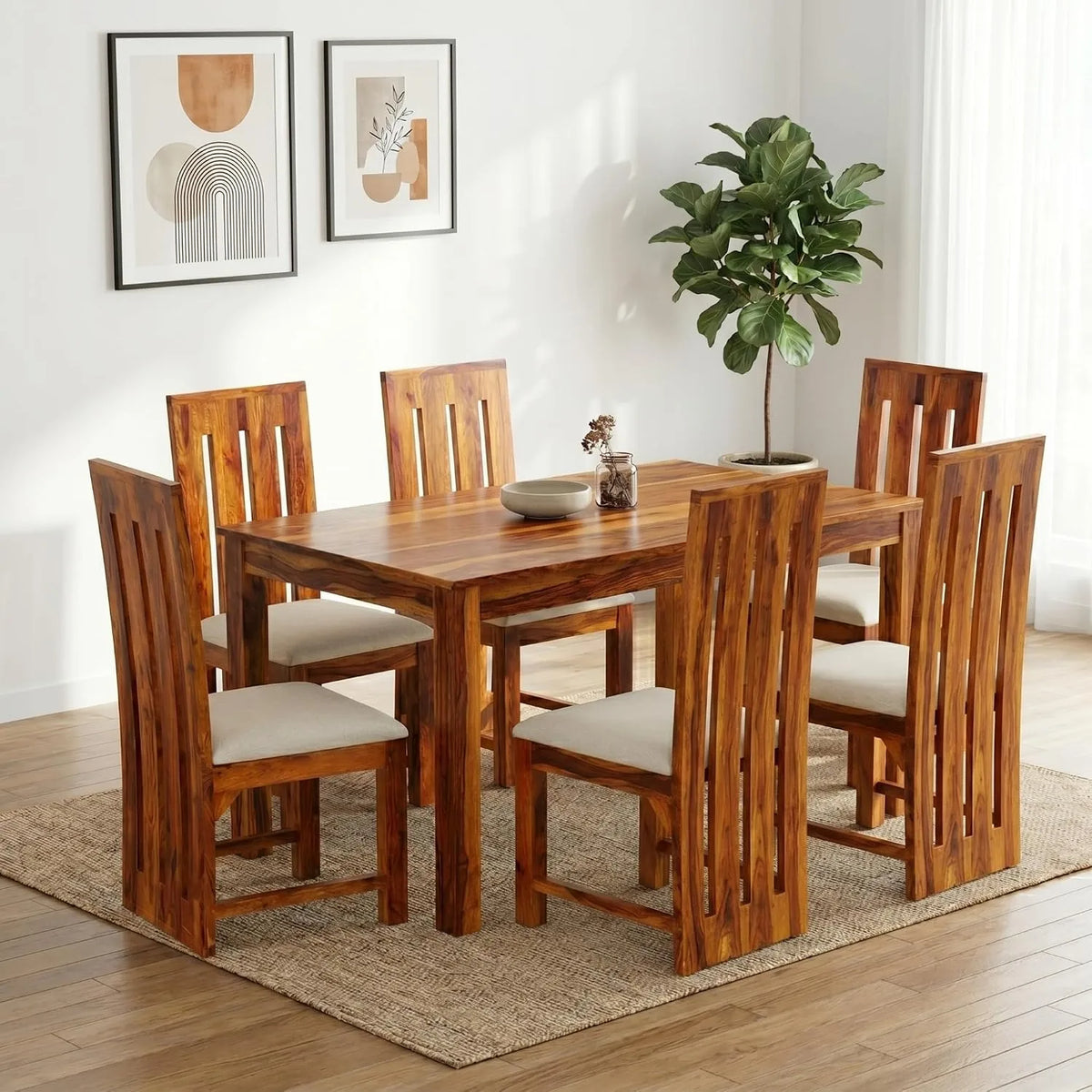 Poster D2 Solid Sheesham Wood 6 Seater Dining Table Set - Natural Finish