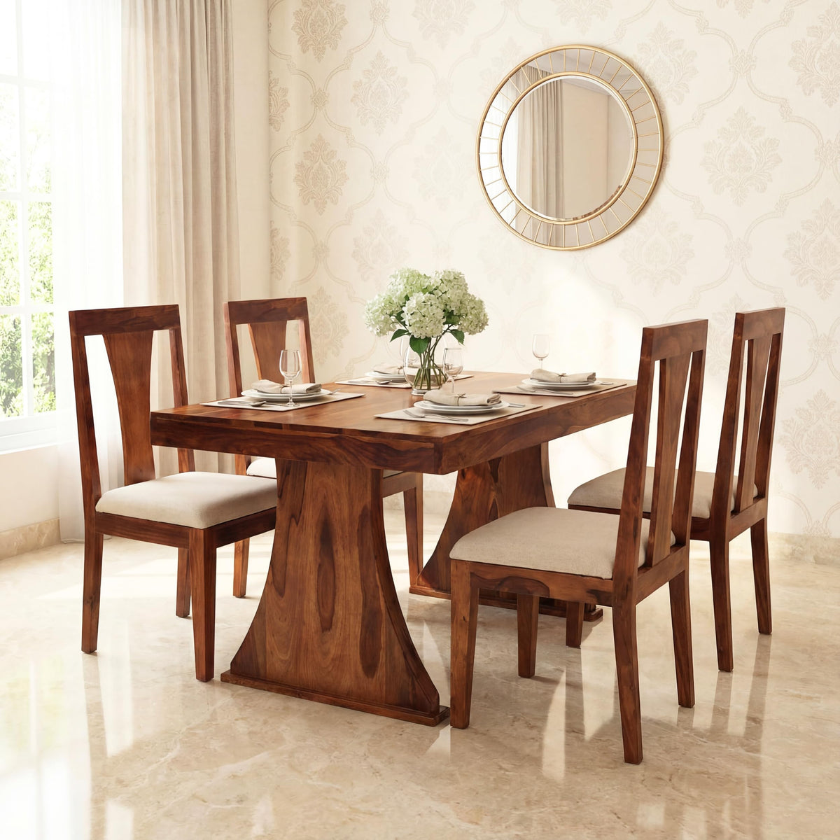 Ganpati Paan Solid Sheesham Wood 4 Seater Dining Table Set