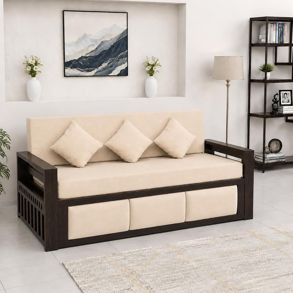 Zeus Solid Sheesham Wood Sofa Cum Bed in natural finish - close-up of the natural finish and wood grain