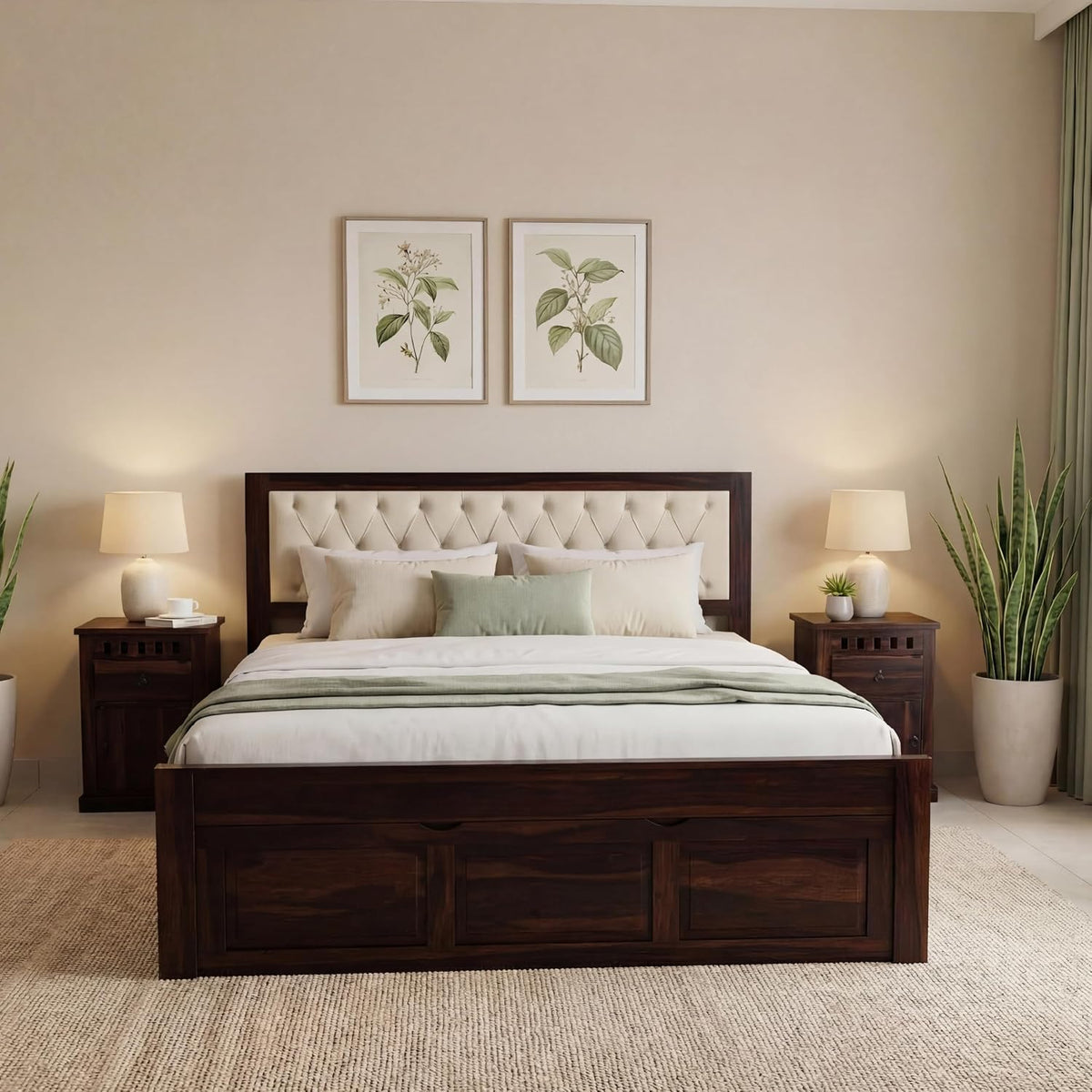 Zeus Solid Sheesham Wood King Size Bed with Drawer Storage in walnut finish - close-up of the walnut finish and wood grain