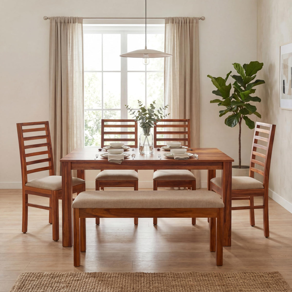 7 Fanti with Solid Sheesham Wood 6 Seater Dining Table Set with Bench in natural finish - side angle view