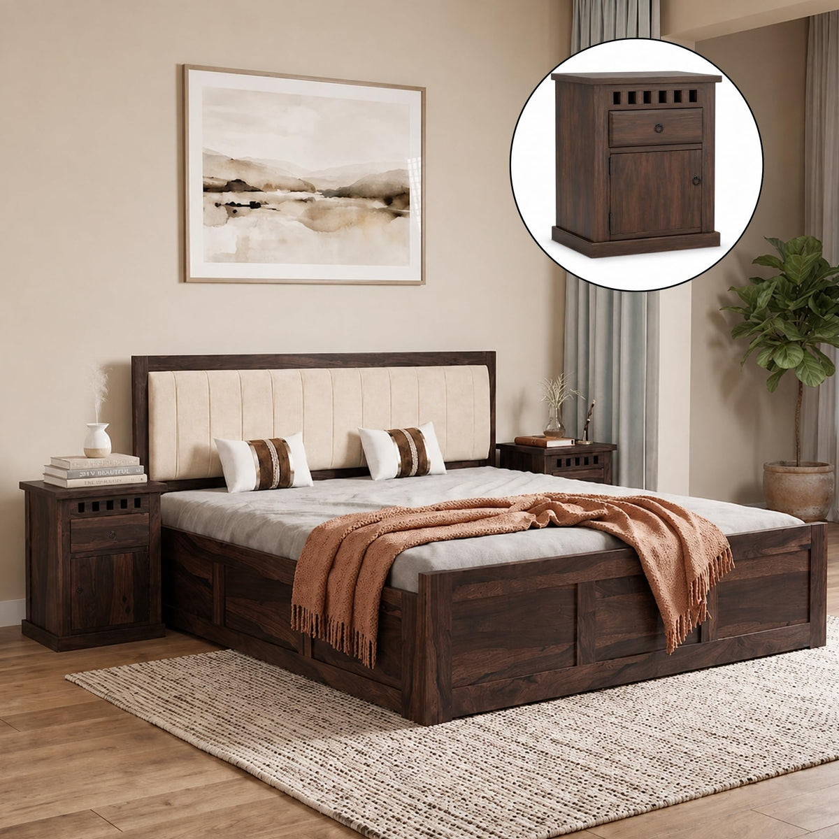 Veronica Solid Sheesham Wood King Size Bed with Box Storage & 2 Bedside Tables in walnut finish