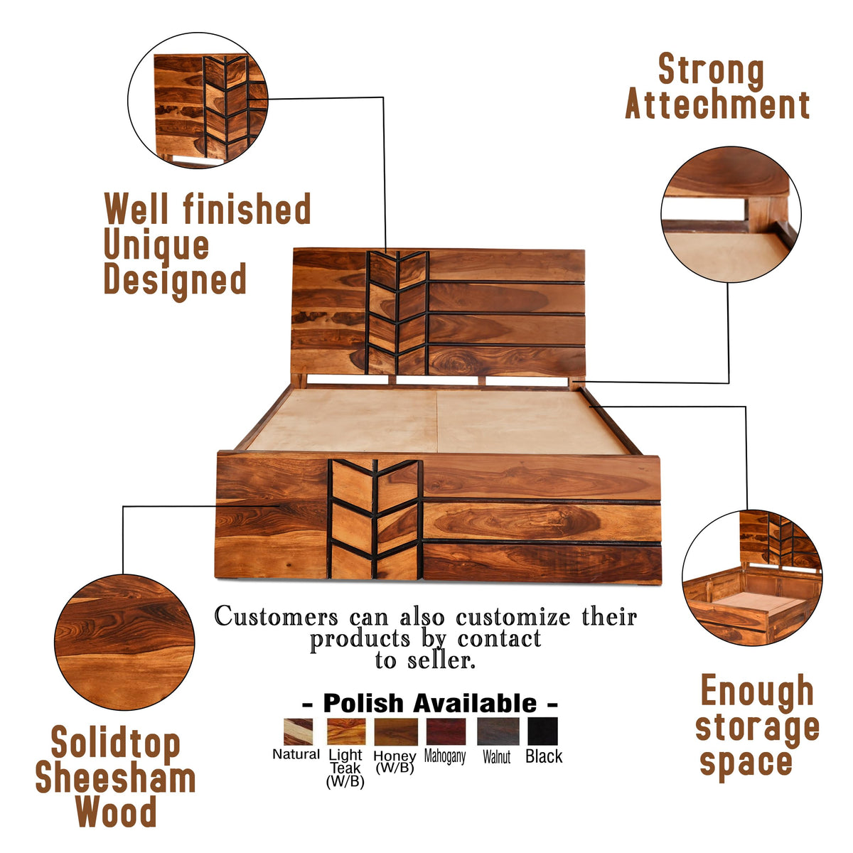 M Solid Sheesham Wood Queen Size Bed with Box Storage in natural finish - close-up of the natural finish and wood grain