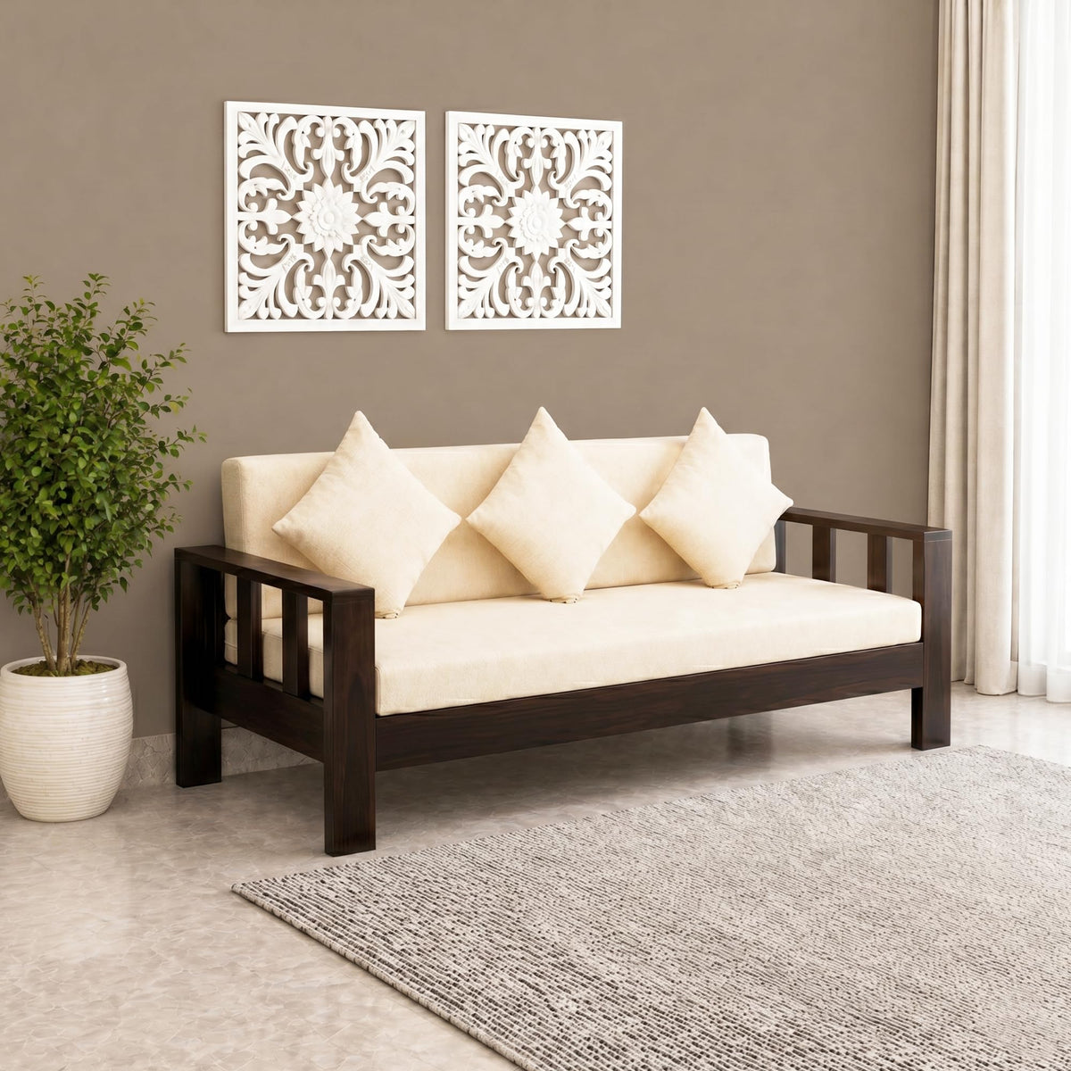 Natraj 3 Seater Solid Sheesham Wood Sofa Set for Living Room in walnut finish