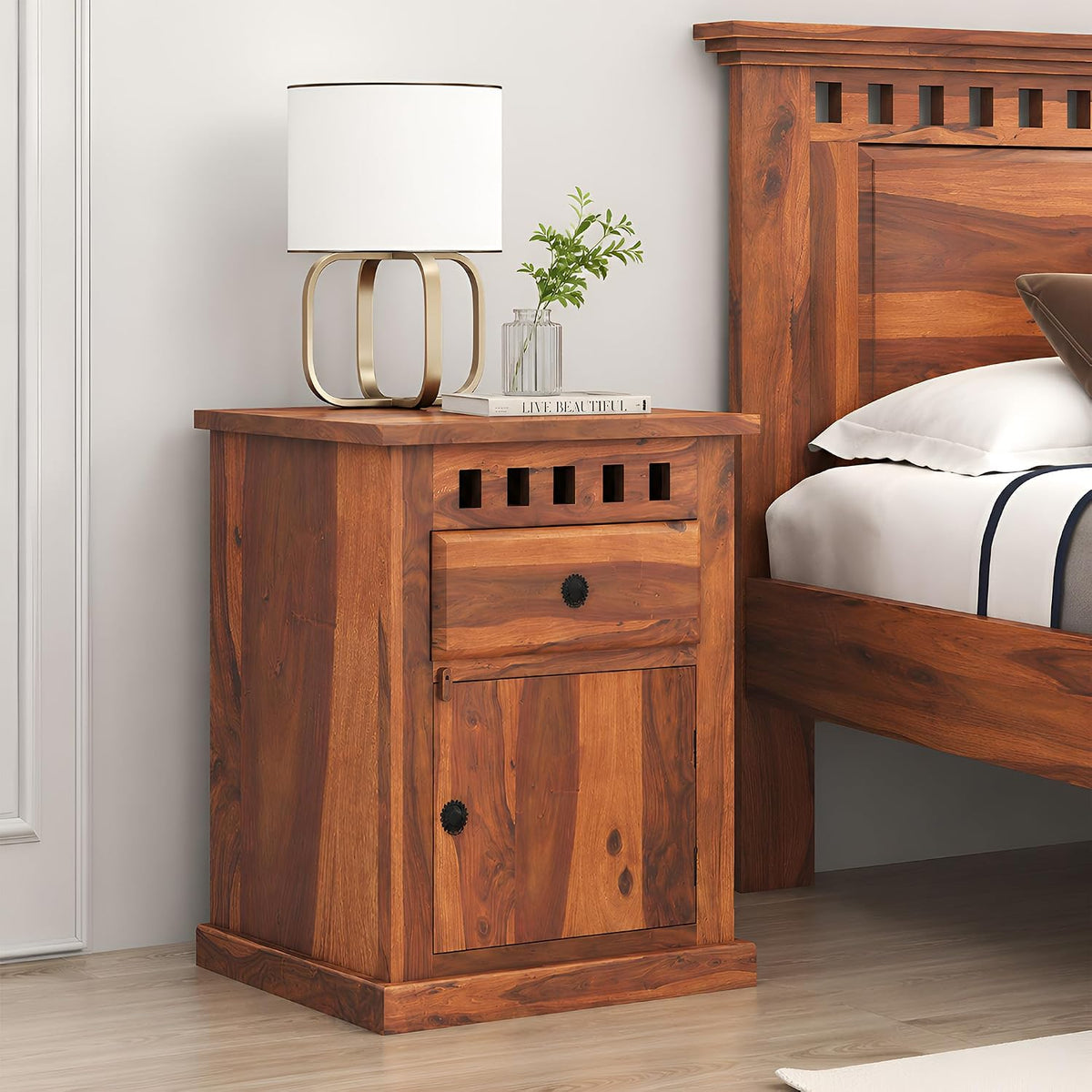 Kuber Solid Sheesham Wood Bedside Table in natural finish