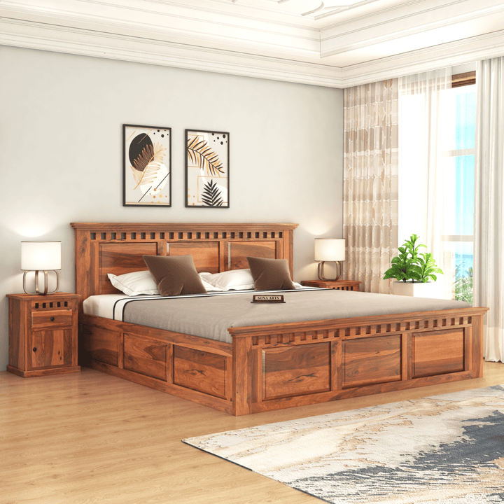 Kuber Solid Sheesham Wood King Size Bed with Box Storage in natural finish