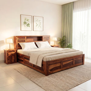 Urban Solid Sheesham Wood King Size Bed with Storage Box  Finish - Natural