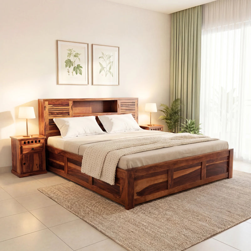 Urban Solid Sheesham Wood King Size Bed with Storage Box  Finish - Natural