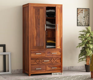 CNC Solid Sheesham Wood 2 Door Wardrobe with 5 Drawers Storage - Natural Finish