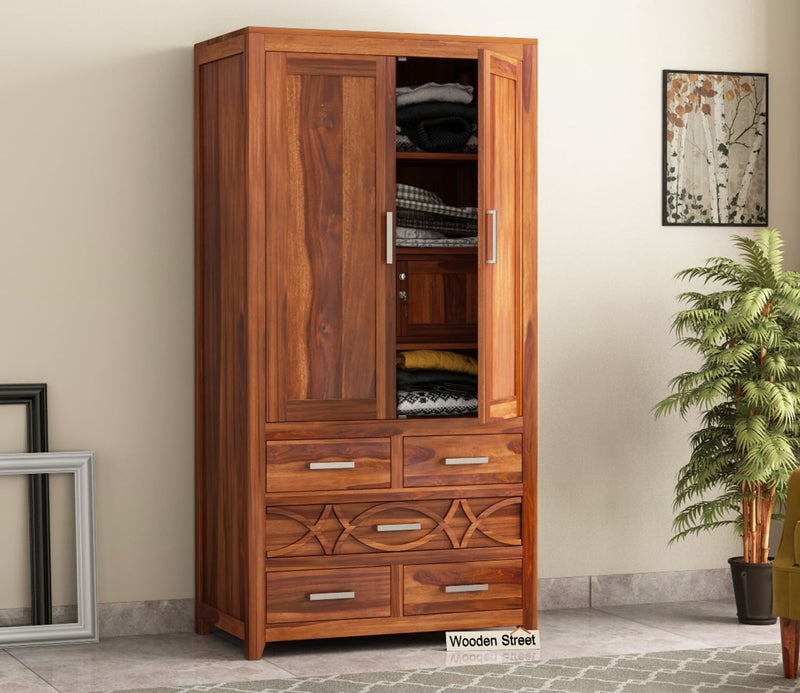 CNC Solid Sheesham Wood 2 Door Wardrobe with 5 Drawers Storage - Natural Finish