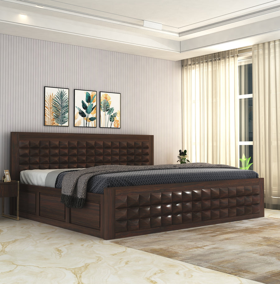 Diamond Solid Sheesham Wood King Size Bed with Box Storage - Walnut Finish