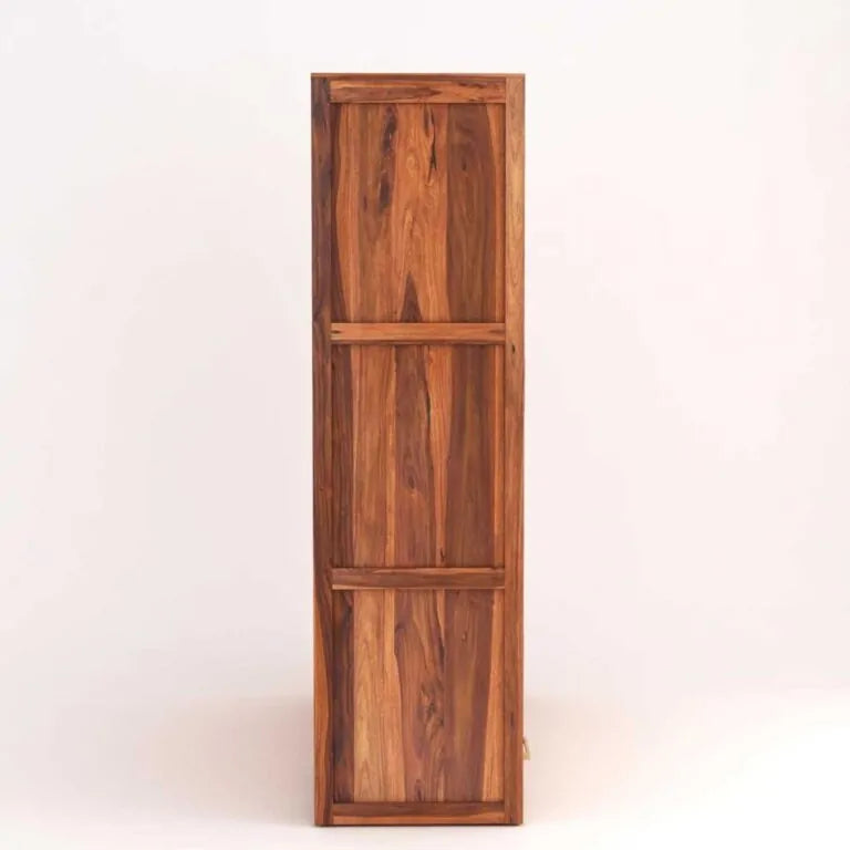 Sheesham Wood 3 Door Wardrobe with 3 Drawers Storage Finish  - Natural