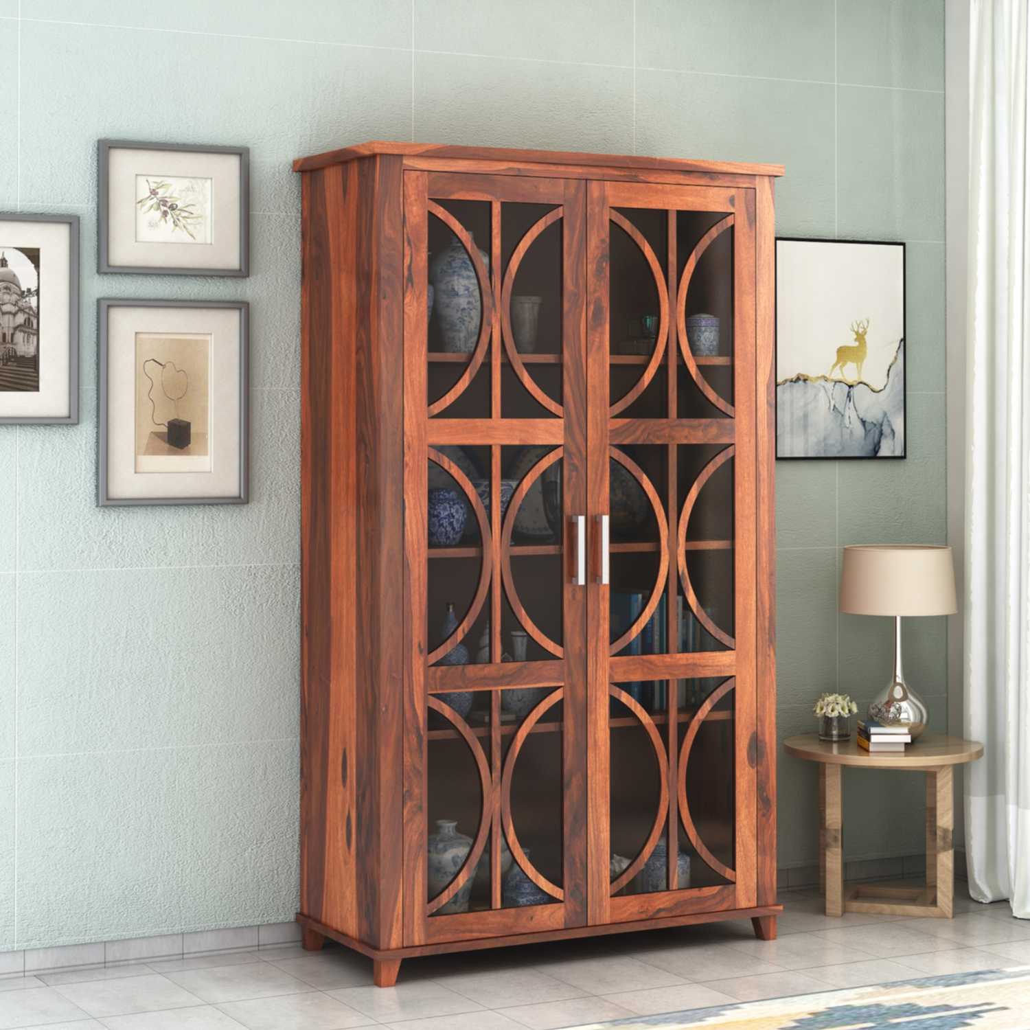 Cross X Bookshelf Cabinet with Glass Door for Kitchen & Living Room - Natural Finish