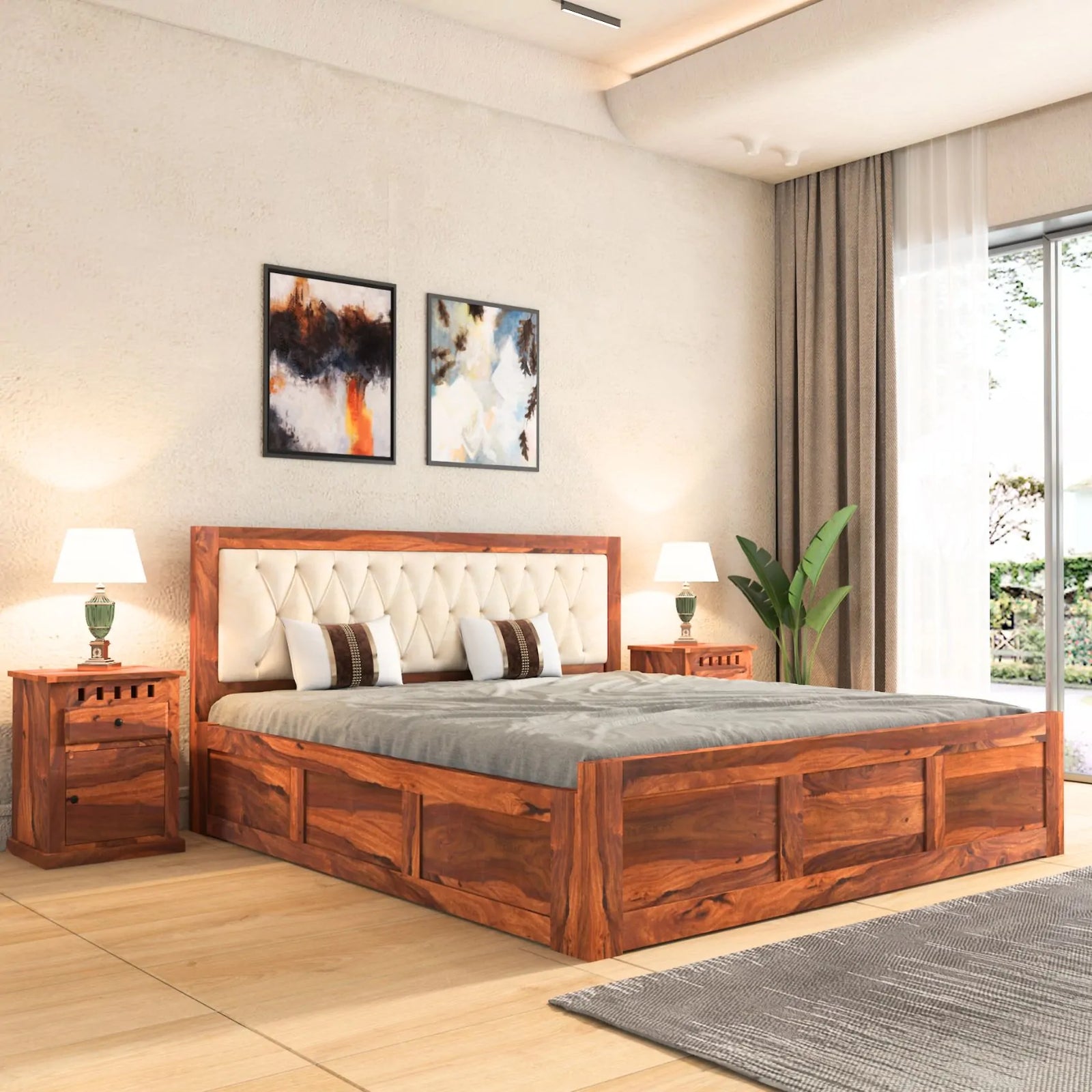 Zeus Solid Sheesham Wood Upholstered Bed King Size with Box Storage - Natural Finish