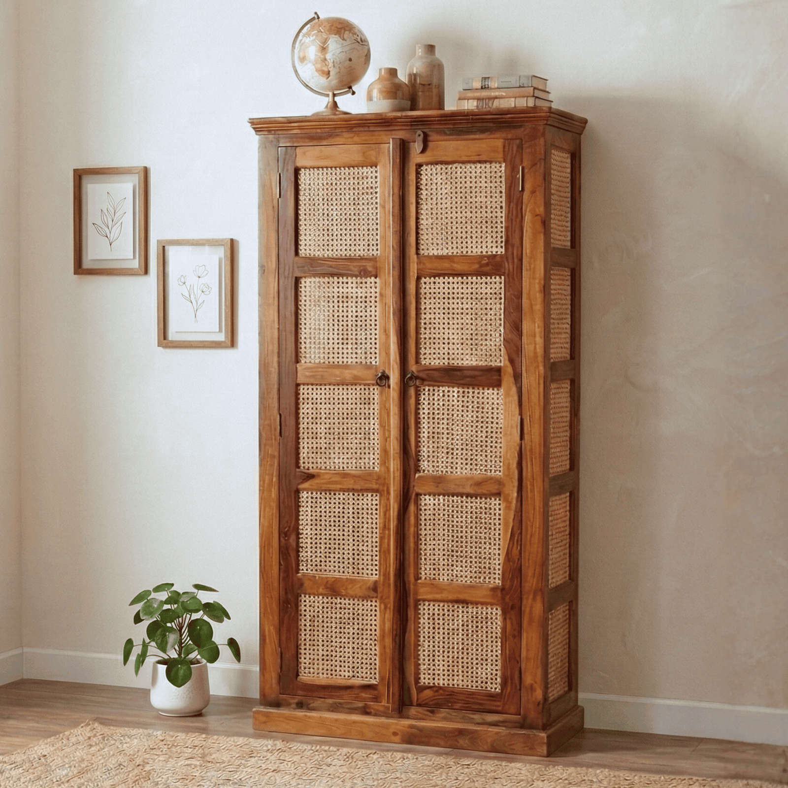 Boho Sheesham Wooden Crockery Cabinet Bookshelf with Door Natural