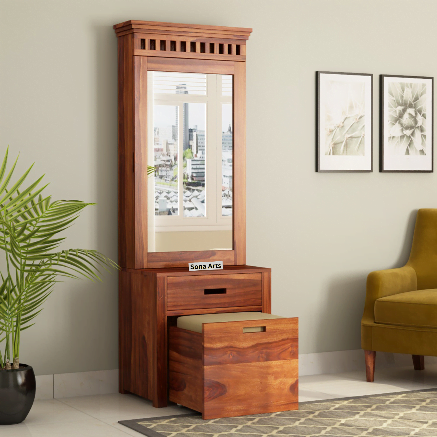 Dressing Table with Mirror and Chair for Bedroom Natural